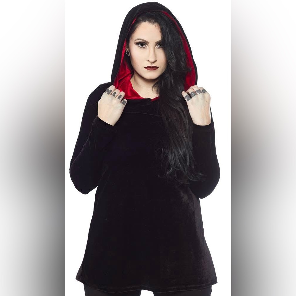 Folter Prophecy tunic dress EUC 3X black red velvet hood pockets dress